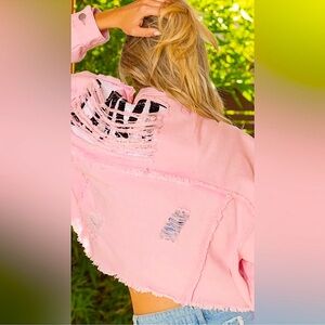 🎉SALE🎉🆕🌿POL: “CANDY PINK” Distressed Sequin Jean Jacket LARGE